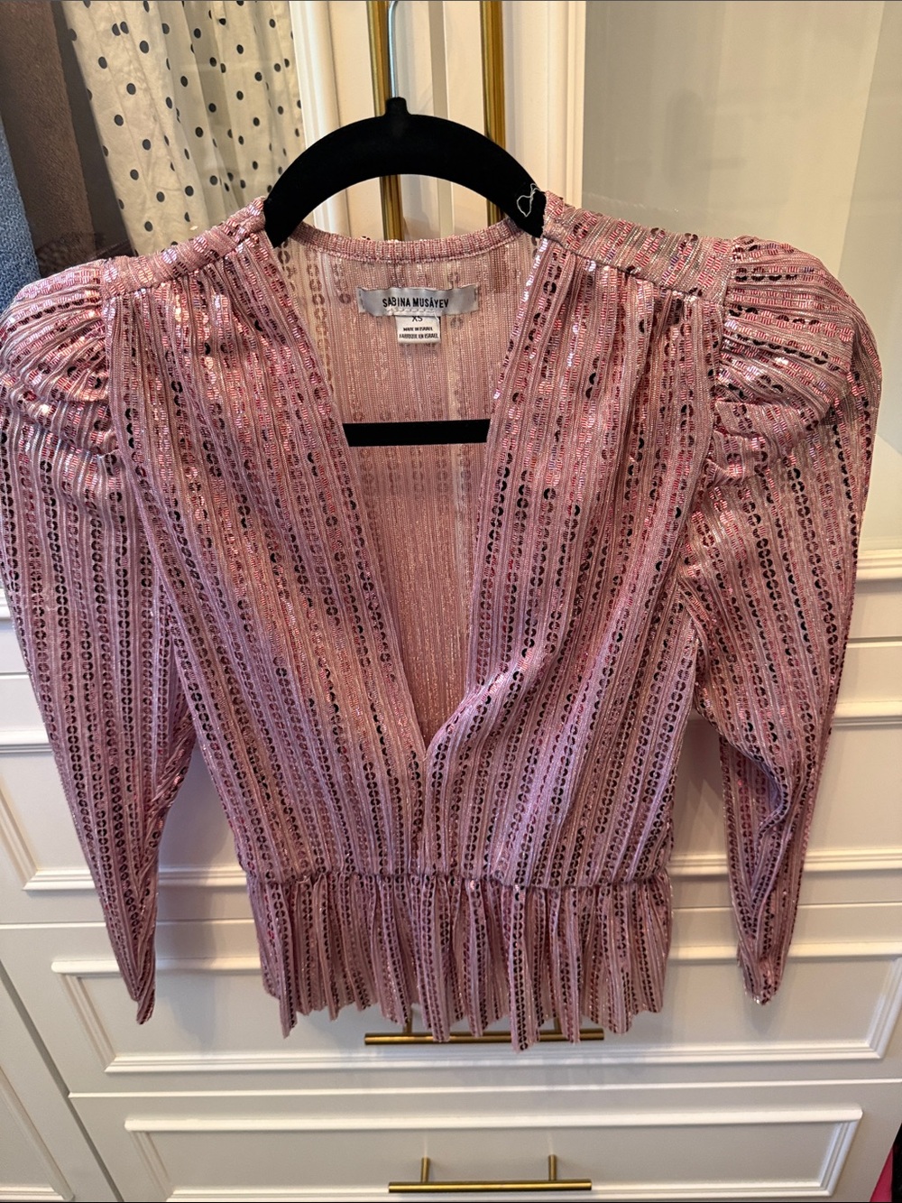Sabina Musayev Pink Sequin V-Neck Peplum Blouse